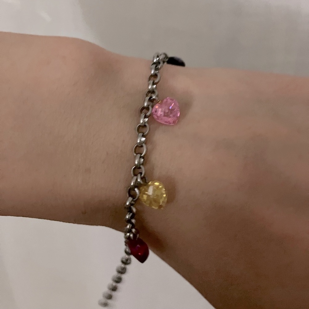 Real precious gemstone sterling silver multicolor heart charm bracelet